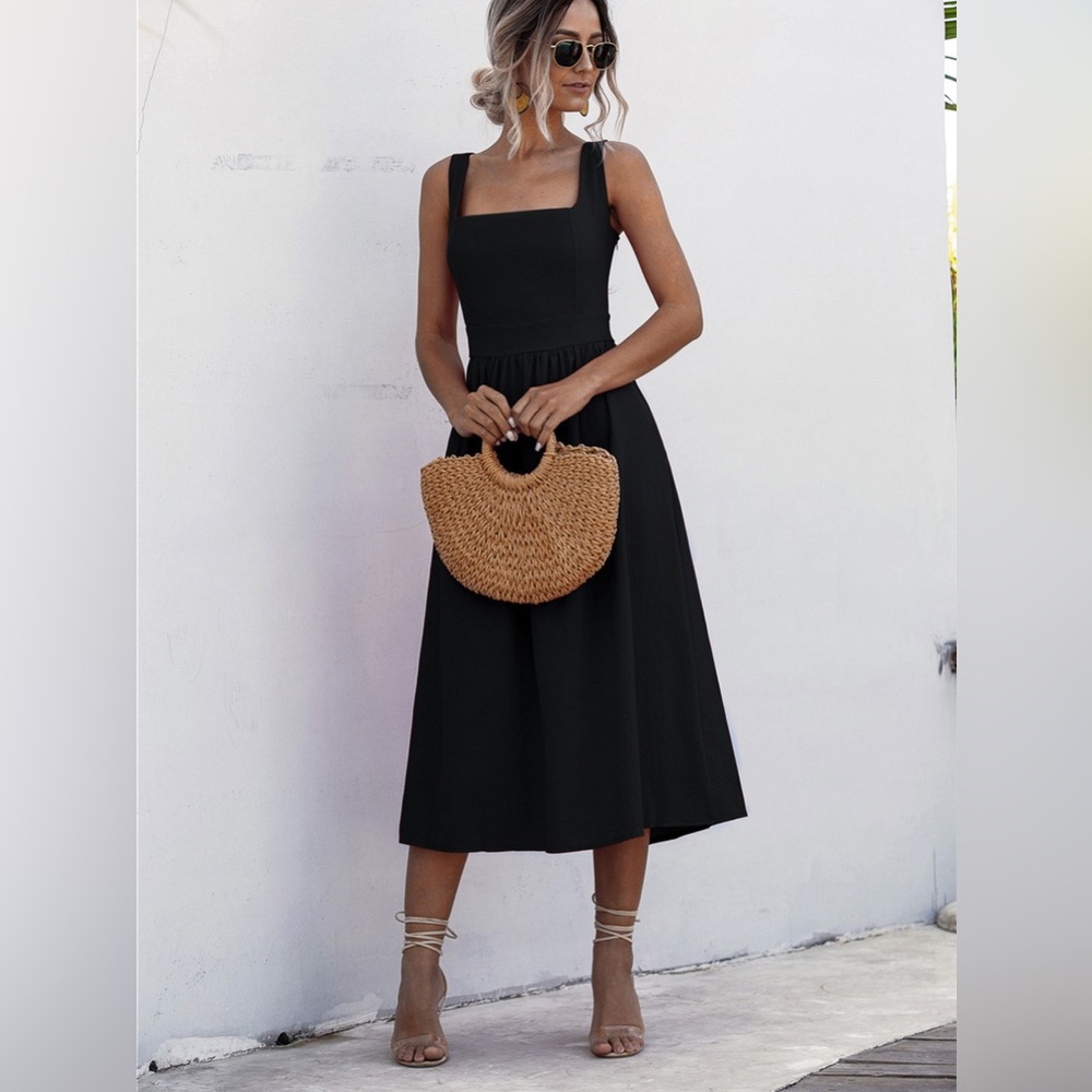 Square Neck Sleeveless Smocked Midi Dress